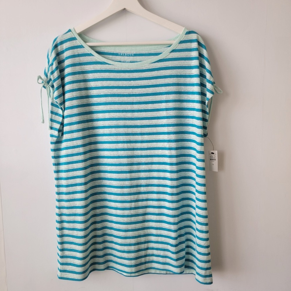Talbots Plus women's Linen blend Striped top Size 1X Blue Metallic sleeve tie